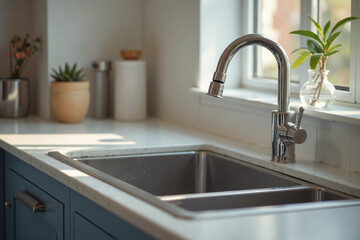 Modern kitchen detail: sleek, chrome faucet above a double sink, bathed in soft sunlight. Minimalist decor complements the clean lines.