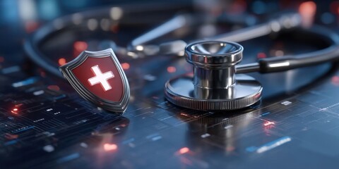 Medical Shield Protecting Health Data with Stethoscope on Glowing Network