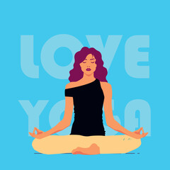 Love Yoga – Woman Meditating in Lotus Pose on Vibrant Blue Background