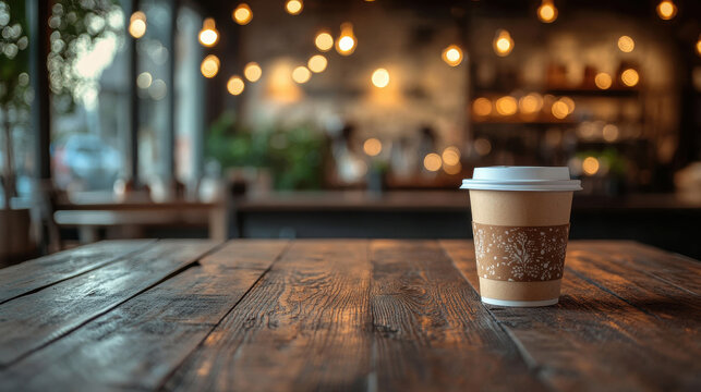 Cozy coffee shop tabletop with warm lighting and blurred background, ideal for social media branding and lifestyle marketing visuals