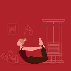 Bow Pose Yoga – Woman Exercising on Red Background with Fitness Equipment
