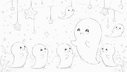 Adorable illustration of cute ghosts playing and floating under stars in a whimsical coloring book style
