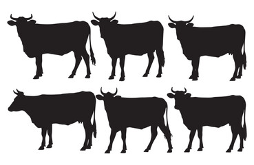 Collection of black silhouette cow illustrations on a white background.