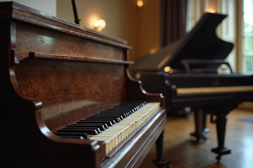 Fototapeta premium A rich, dark brown grand piano takes center stage, its keys gleaming under soft light. In the background, another piano is subtly blurred, adding depth to the scene.