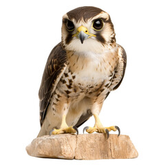 Fototapeta premium Closeup photo of falcon perched gracefully rock, showcasing its striking features and intense gaze. bird exudes sense