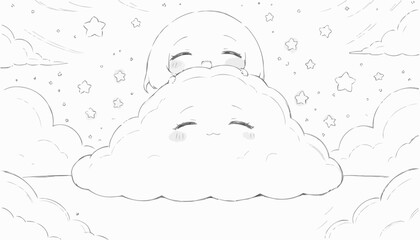 Sweet illustration of cute clouds and a smiling moon in a dreamy coloring book style
