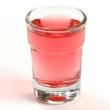 Refreshing pink drink in a transparent shot glass on a white surface