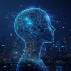 Digital Human Head Network Cityscape Futuristic AI Technology Data Blue Dark Mesh Lines Night Urban 
