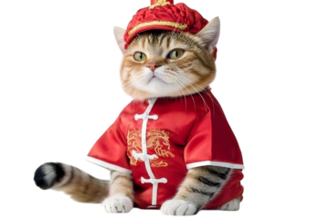 Scottish fold cat wearing Chinese costume makes cute appearance with one eye wink on white background. Ai Generated Images