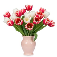A bouquet of red and white tulips in a light pink vase on a white background