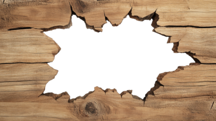 Large hole in rustic wooden planks creates intriguing visual effect, inviting curiosity and imagination