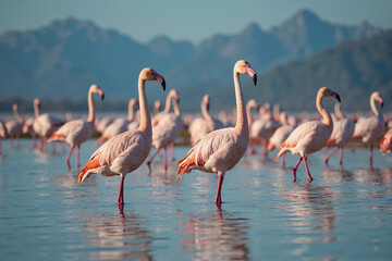 Two flamingos stand out in a flock, their vibrant pink feathers contrasting against the calm blue water and a distant mountain range. A serene and picturesque scene.