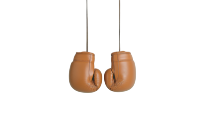 Symmetrical image of two leather boxing gloves hanging, showcasing their texture and design, evokes sense of sport