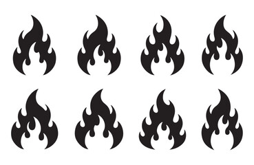 Abstract collection of black flame icons in various shapes.