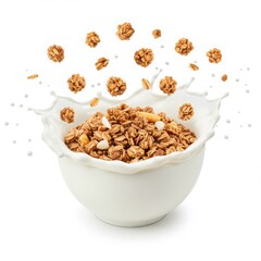 Fototapeta premium Granola cereal in a white bowl with milk splash and flying cereal pieces around