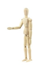 wooden man, wooden dummy, extending hand for handshake, isolated from background