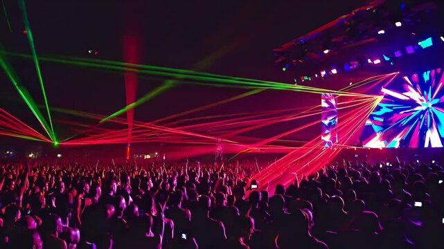 Dynamic edm concert with vibrant laser lights and energetic crowd