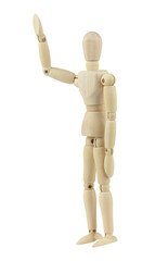 wooden man, wooden dummy, waving greeting with raised hand, isolated from background