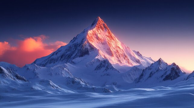 Snowy mountain peak at sunset with colorful clouds