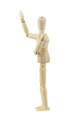 wooden man, wooden mannequin, holding his stomach and raising his hand asking for help, isolated on background