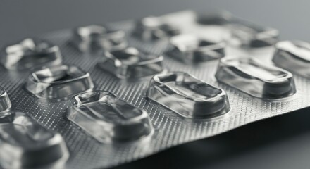 Close-up of an empty blister pack, with visible empty cavities. Shows reflective silver-grey plastic and light play