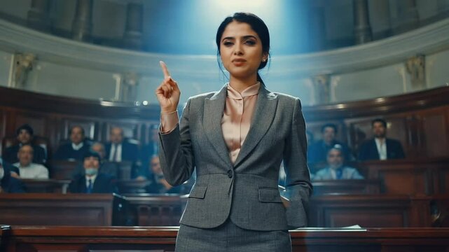 Modern parliamentary assembly older politicians young reformists, young female politician passionately raises her hand heated debate, crowd erupts mixed reactions, spotlight speaker, emotionally