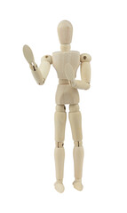wooden man, wooden mannequin, pushing away gesture with hands, isolated on background