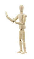 wooden man, wooden mannequin, pushing away gesture with hands, isolated on background