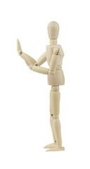 wooden man, wooden mannequin, pushing away gesture with hands, isolated on background