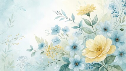 Soft watercolor illustration of blue and yellow flowers with green leaves on a light, pastel background.