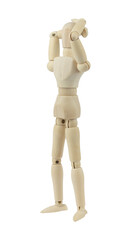 wooden man, wooden mannequin, holding head, headache or forgetfulness concept, isolated on background