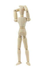 wooden man, wooden mannequin, holding head, headache or forgetfulness concept, isolated on background