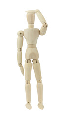 wooden man, wooden mannequin looking into the distance isolated on background