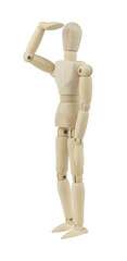 wooden man, wooden mannequin looking into the distance isolated on background