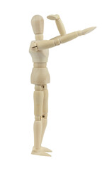 wooden man, wooden mannequin looking into the distance isolated on background
