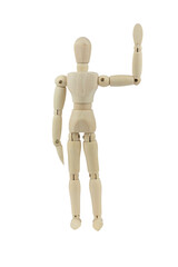 wooden man, wooden dummy, waving greeting with raised hand, isolated from background