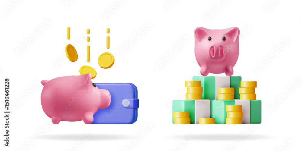 Poster 3d stock vector illustration set collection with a piggy bank receiving coins into a wallet and a pi