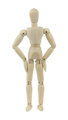 wooden man, wooden mannequin, hands on waist, isolated on background