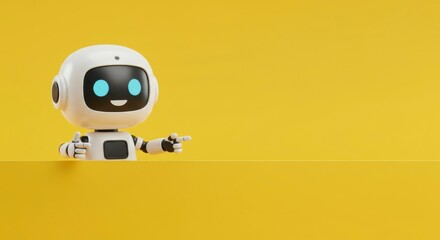 A friendly, cute robot with bright blue eyes pointing to the right on a vibrant yellow background