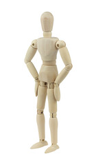 wooden man, wooden mannequin, hands on waist, isolated on background