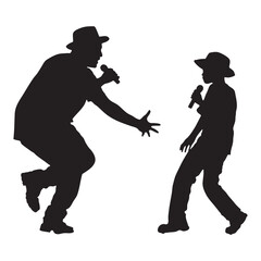 Silhouette of Man and Boy Singing with Microphones in Performance Pose