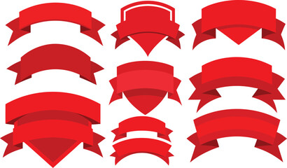 A vibrant set of nine red, vector-based ribbon banners ideal for adding visual interest and callouts to designs, offering diverse shapes and styles for promotions, sales, or celebratory announcements 