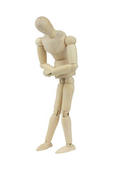 wooden man, wooden dummy, holding stomach from abdominal pain, isolated on background