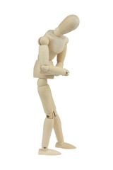 wooden man, wooden dummy, holding stomach from abdominal pain, isolated on background
