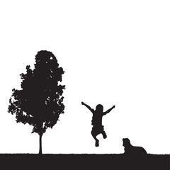 Silhouette of Jumping Child Near Tree and Dog Outdoors