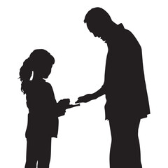 Silhouette of a man giving something to a young girl, creating a touching moment.
