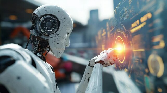 robotic hand touches futuristic touchscreen interface symbolizing the future of artificial intelligence digital communication and seamless interaction between humans and advanced technology systems