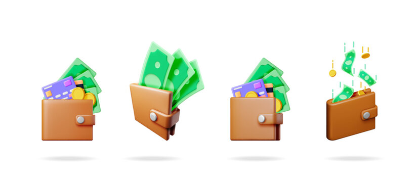 Set of 3d vector wallets with cash and credit cards. Money falling into digital purse with wealth and financial prosperity concept.