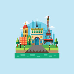 Flat Design Paris Cityscape Illustration
