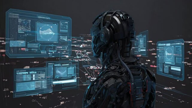 Robot touches futuristic touchscreen with glowing interface symbolizing future technology human machine interaction AI innovation digital control cybernetic connection sci fi environment